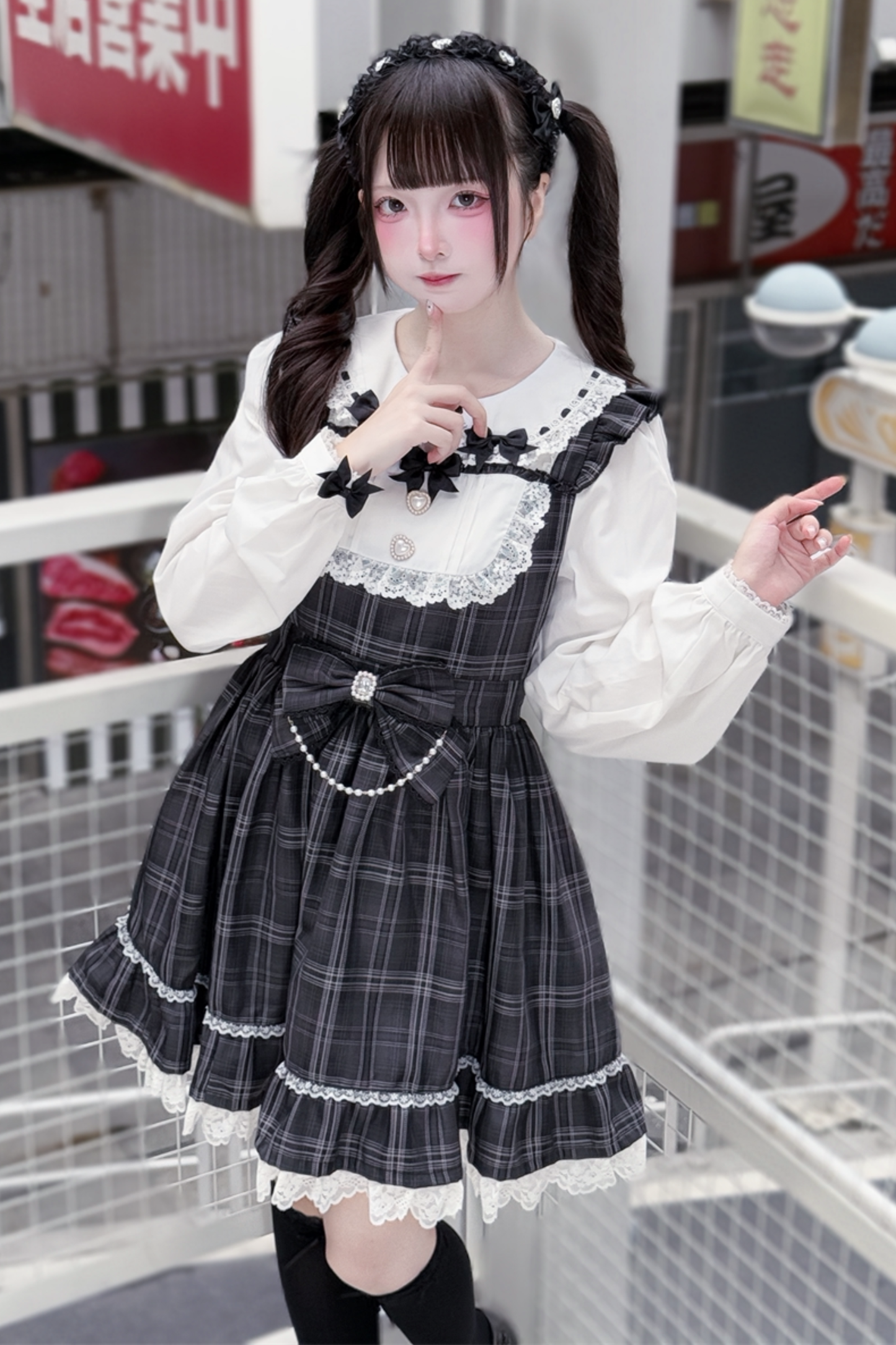 다크 스위트 걸리 체크 원피스 + 머리띠