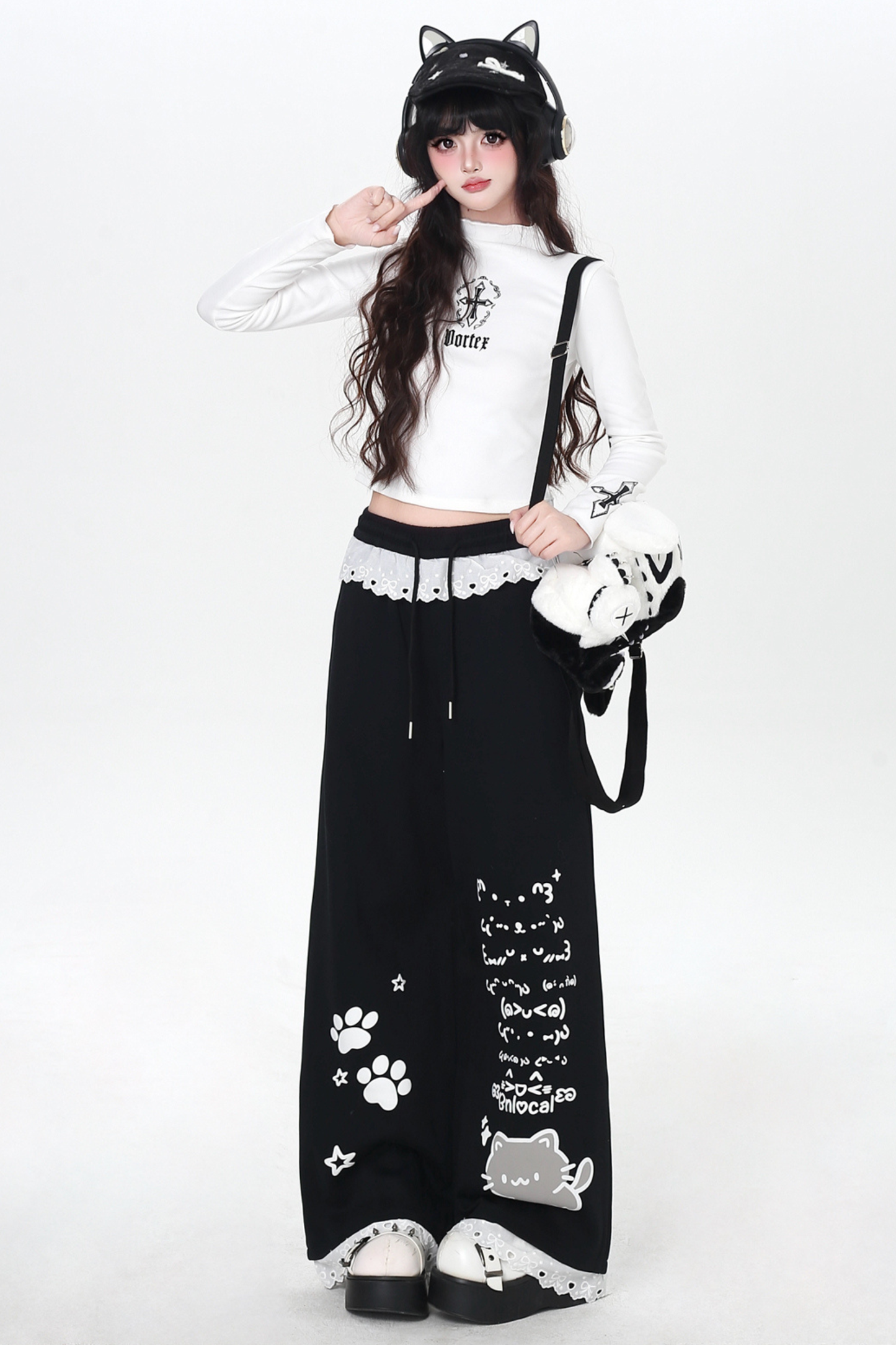 キャットデザインレースルーズパンツ