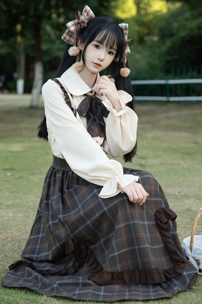Retro girly check skirt + ruffle blouse