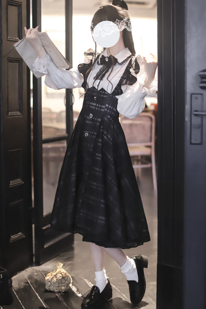 エレガントロングチェックサススカート＋シャツ＋リボン