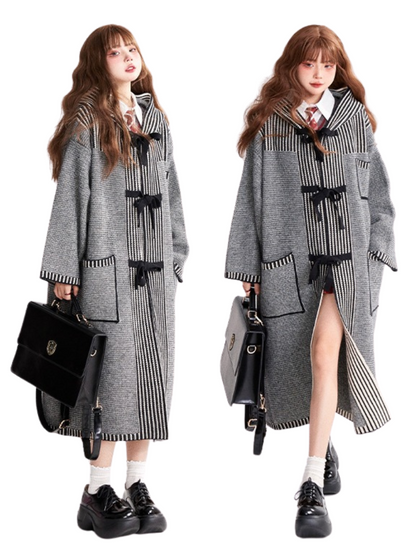 College Style Gray Retro Hooded Knit Long Cardigan