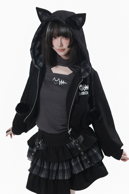 貓耳外套+蛋糕裙+上衣+條紋腿套