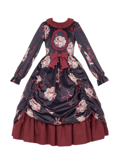 Sheep Berry Rabbit Style Design Velvet Print Ruice Dress