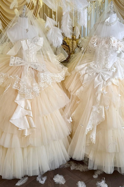 [예약상품] 4월 4일 예약마감]애프리콧 웨딩 로리타 원피스+숄+소매+리본 테일+베일