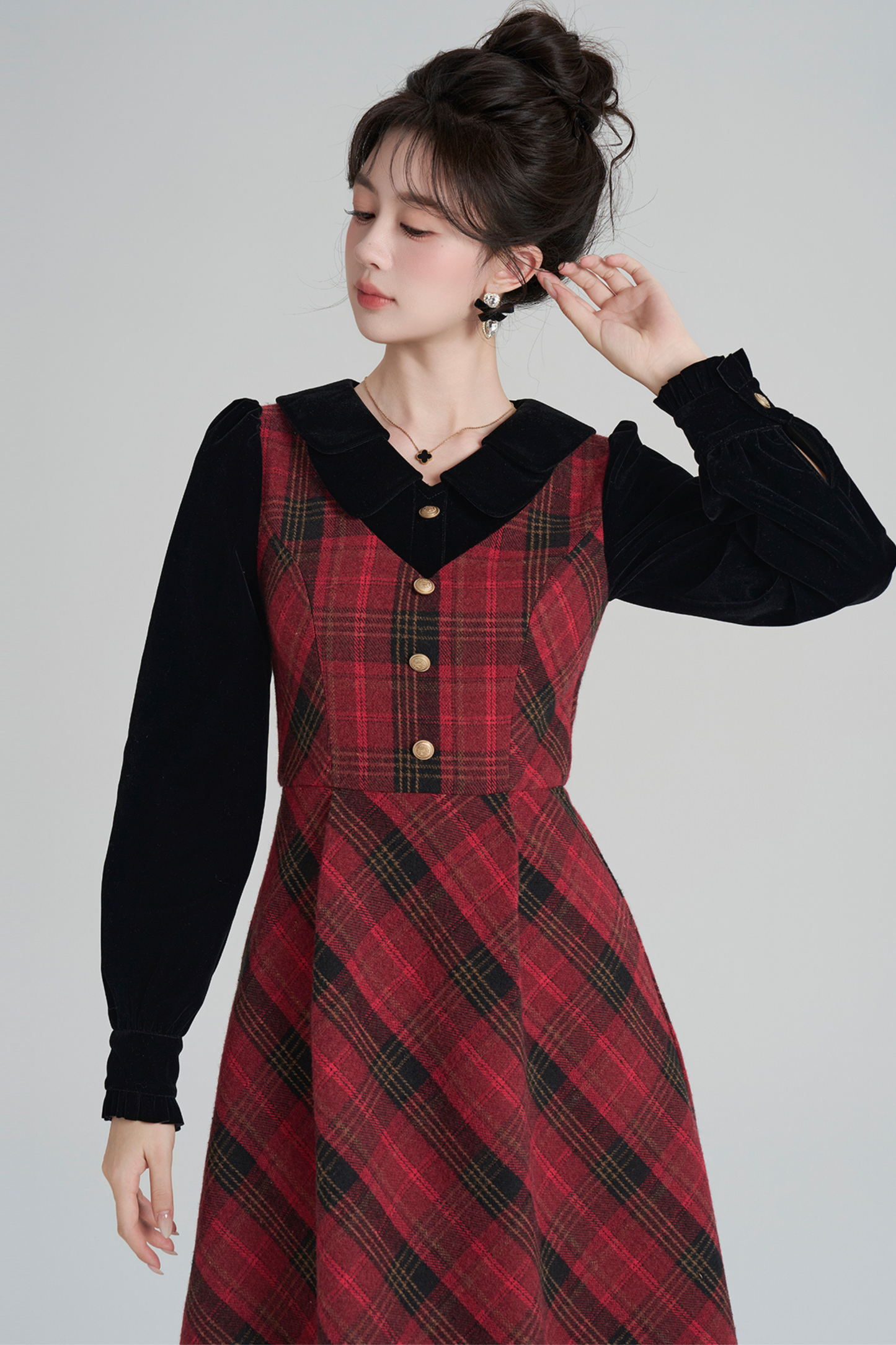 レッドレトロチェックツイードドレス