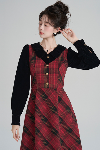レッドレトロチェックツイードドレス