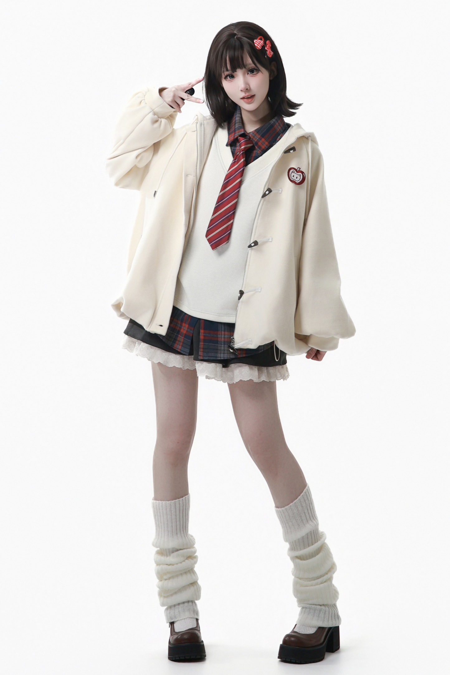 アップルブラックティーフリースコート+フーディー+ロングスカート+ショートスカート+フードマフラー