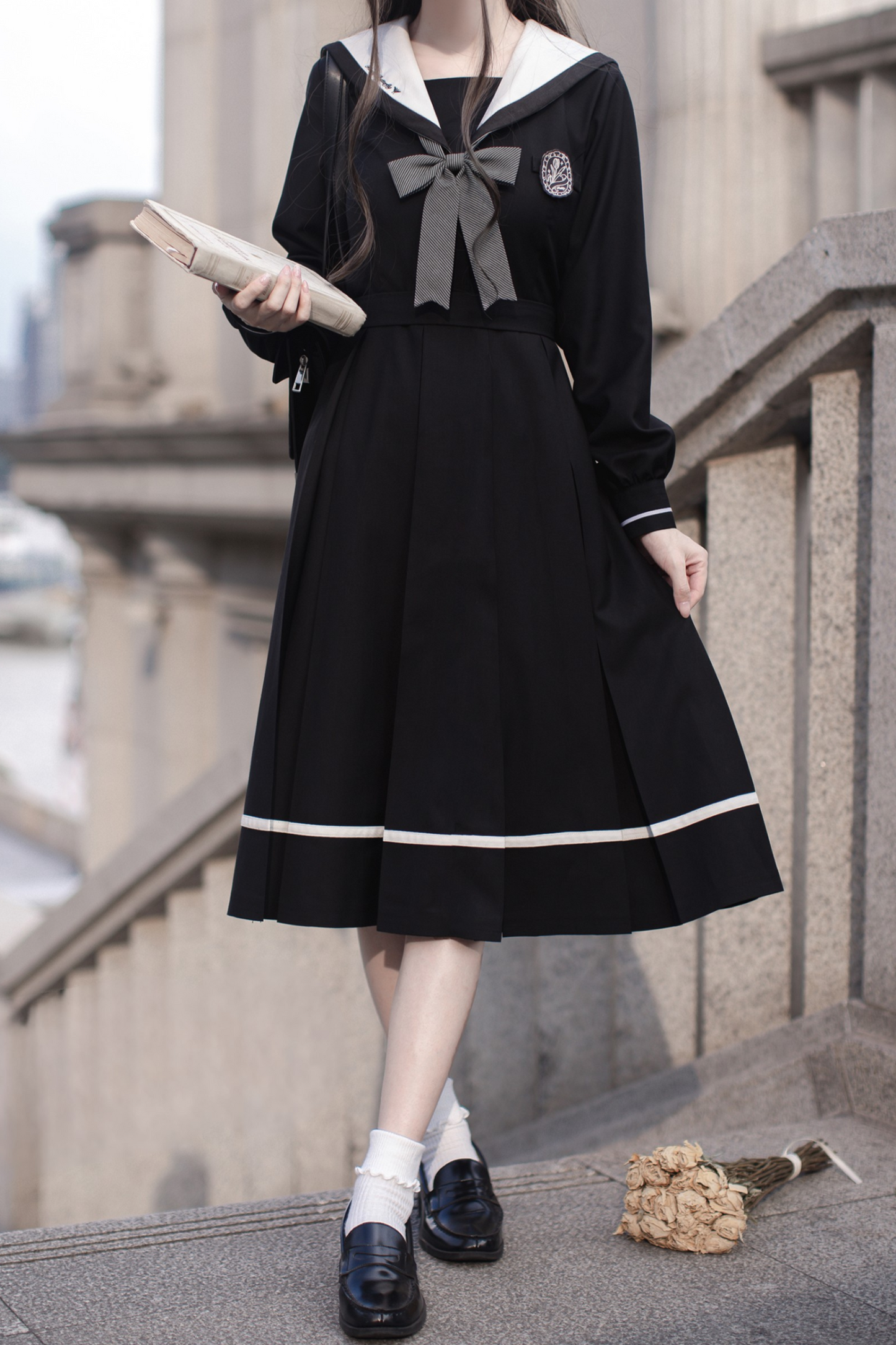 エレガントプレッピースタイルワンピース+リボン+ブローチ