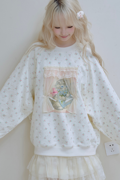 フローラルキャットレースカーテンスウェット