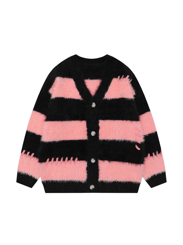 Striped Corian Style Loose Faux Mink Fur Soft Cardigan Knit