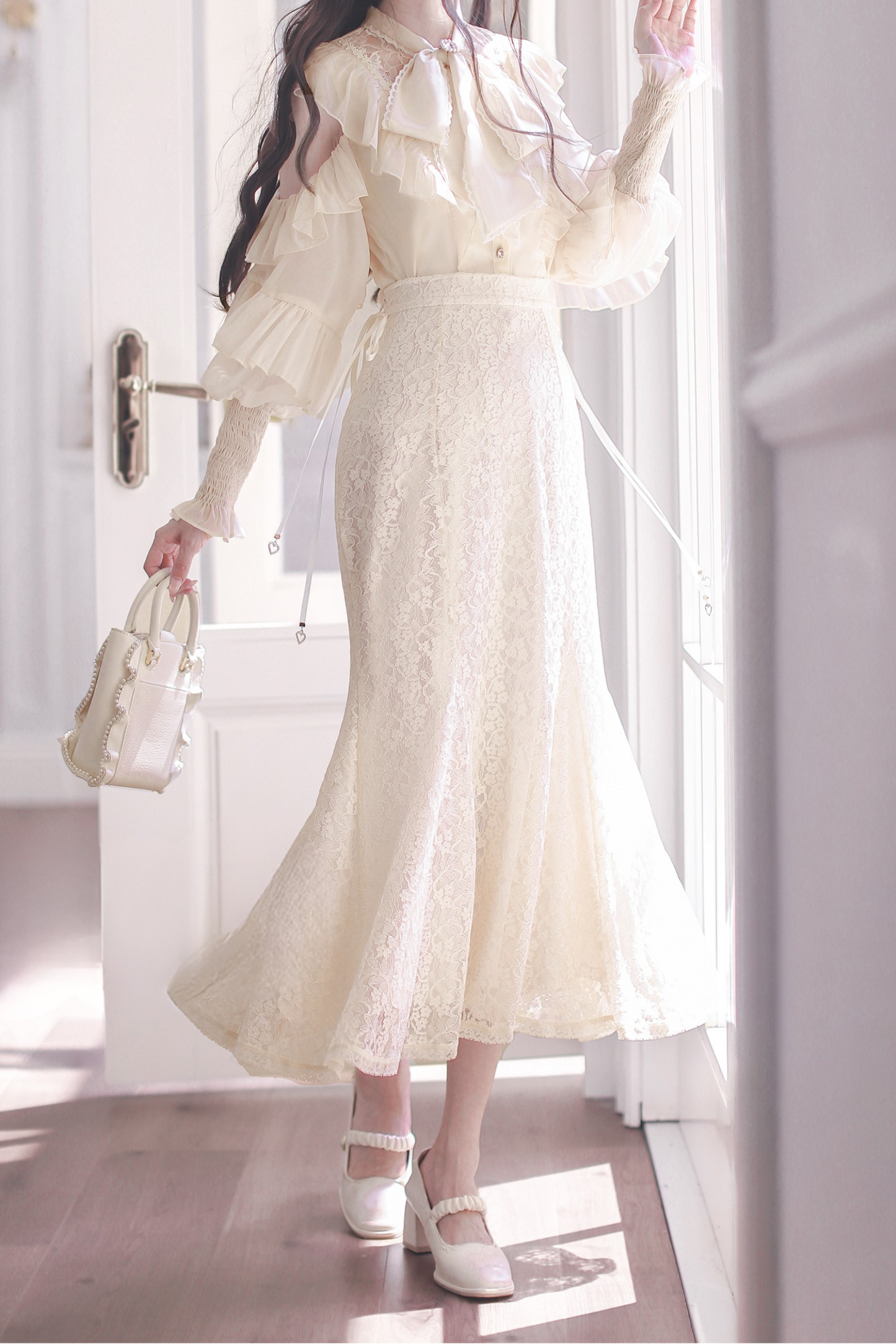 エレガントクリアシフォンビッグリボンシャツ+マーメイドスカート