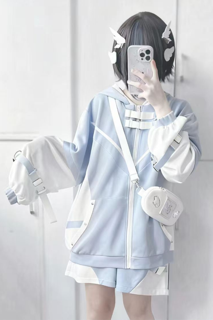 【天使界隈】サブカルチャーアクアフードトップス+ショートパンツ+レッグカバー