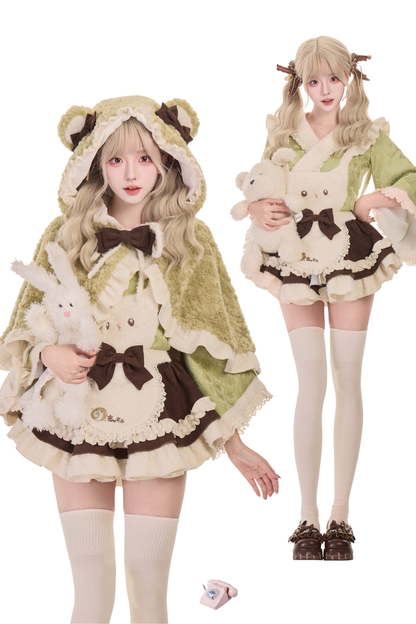 抹茶ロール和風トップス+子猫サスペンダースカート+リボン付きケープ