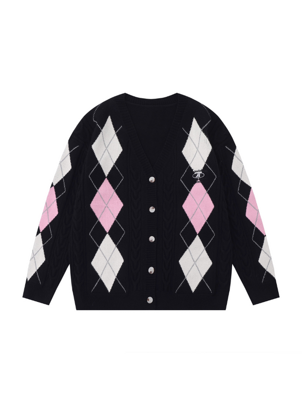 Color Block Diamond Check Loose Couple Cardigan Knit