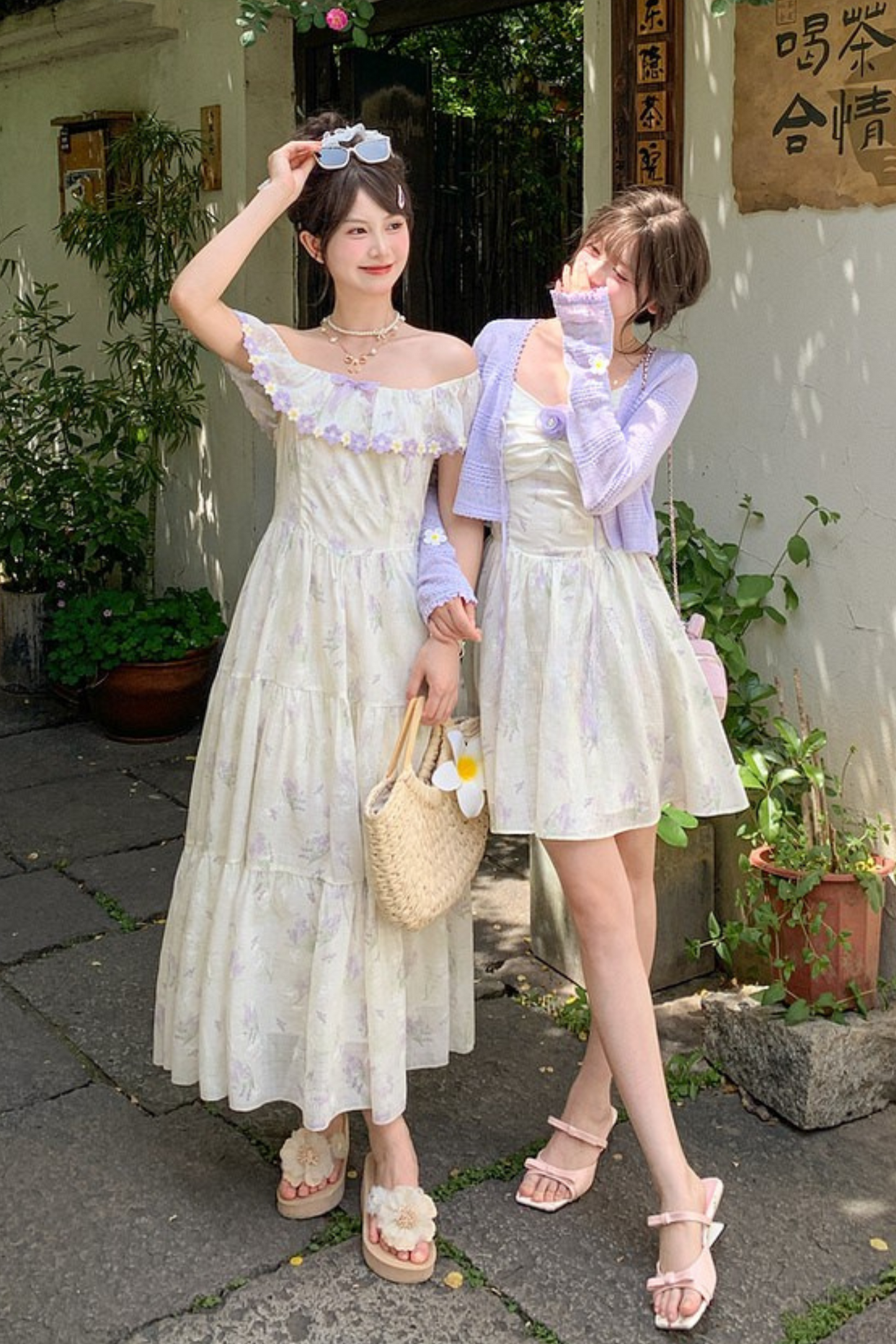 French Flower Off-the-shoulder Dress + Cardigan