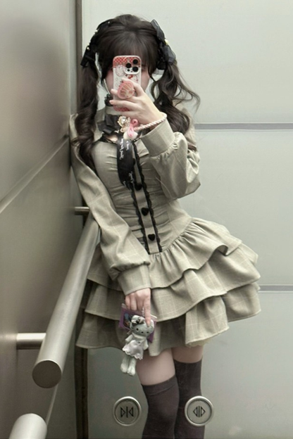 Check High Neck Puff Sleeve Dress