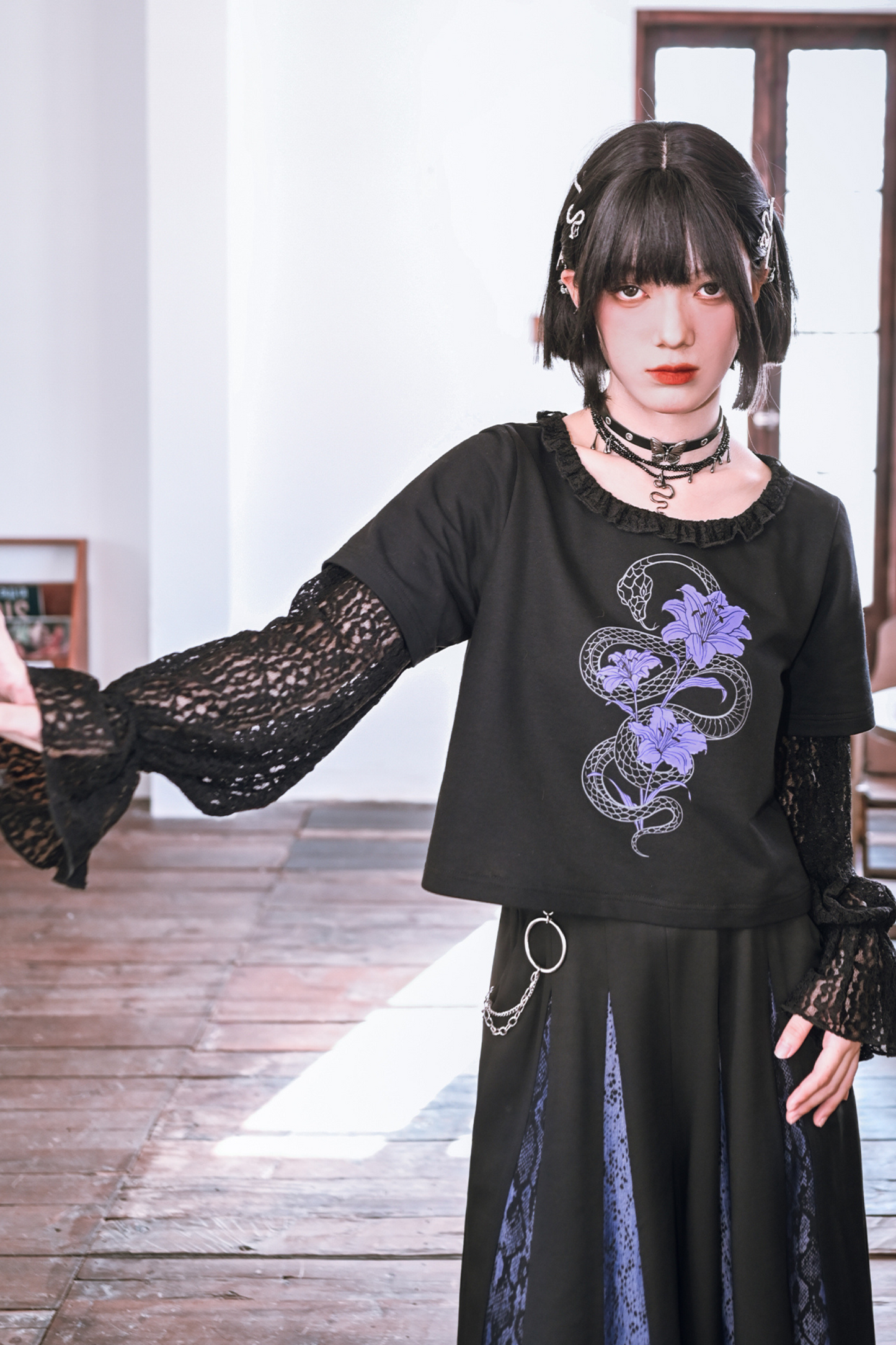 Lace Stitch Black Sweet Cool Top