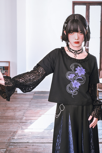 Lace Stitch Black Sweet Cool Top