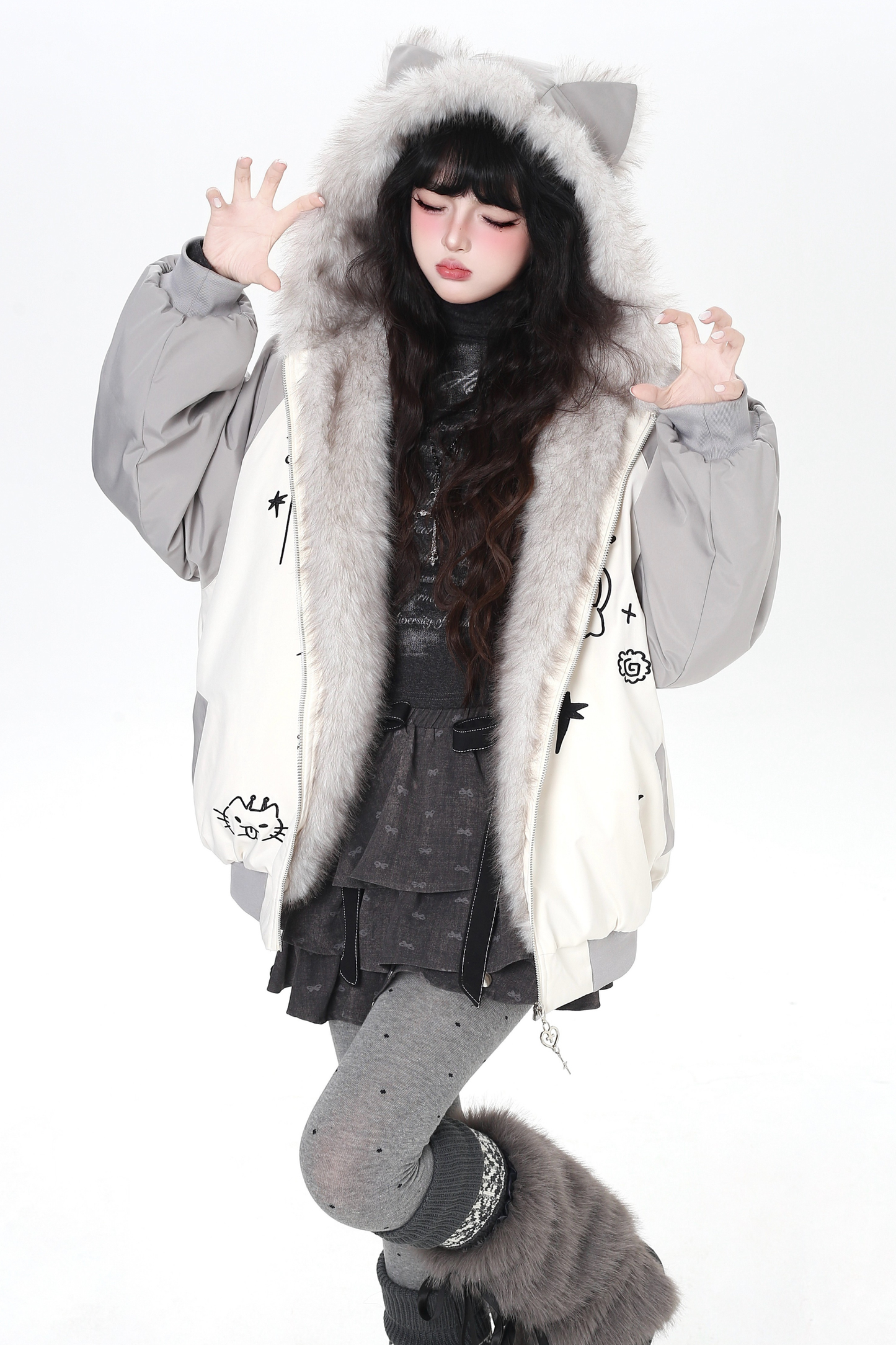 Cat Ear Bicolor Fur Jacket