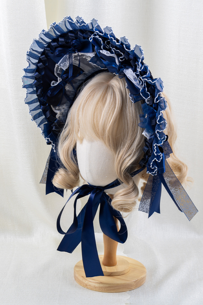 ネイビーブルーロリータボンネット+ヘアバンド+ハットクリップ+リボンクリップ