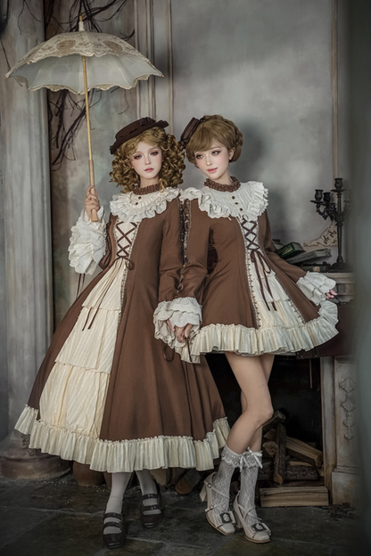 レーススタンドカラーフレアスリーブツインドールロリータドレス+カラー+ハット