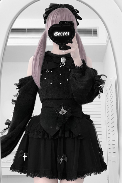 オフショルダーリボンニット+スカート