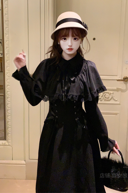 Lace-up Long Flared Cape Dress