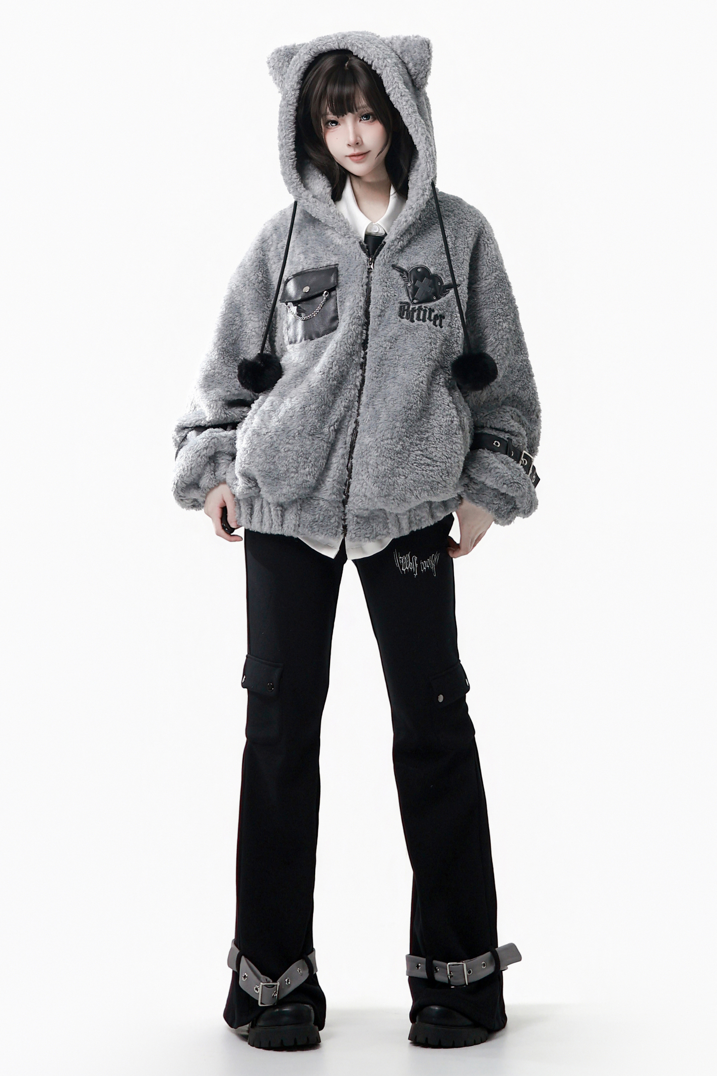 パッチワークファーフードコート+パンツ+シャツ+スカート+レッグカバー