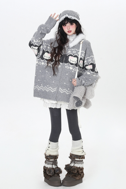 フェアアイルルーズフードニットカーディガン