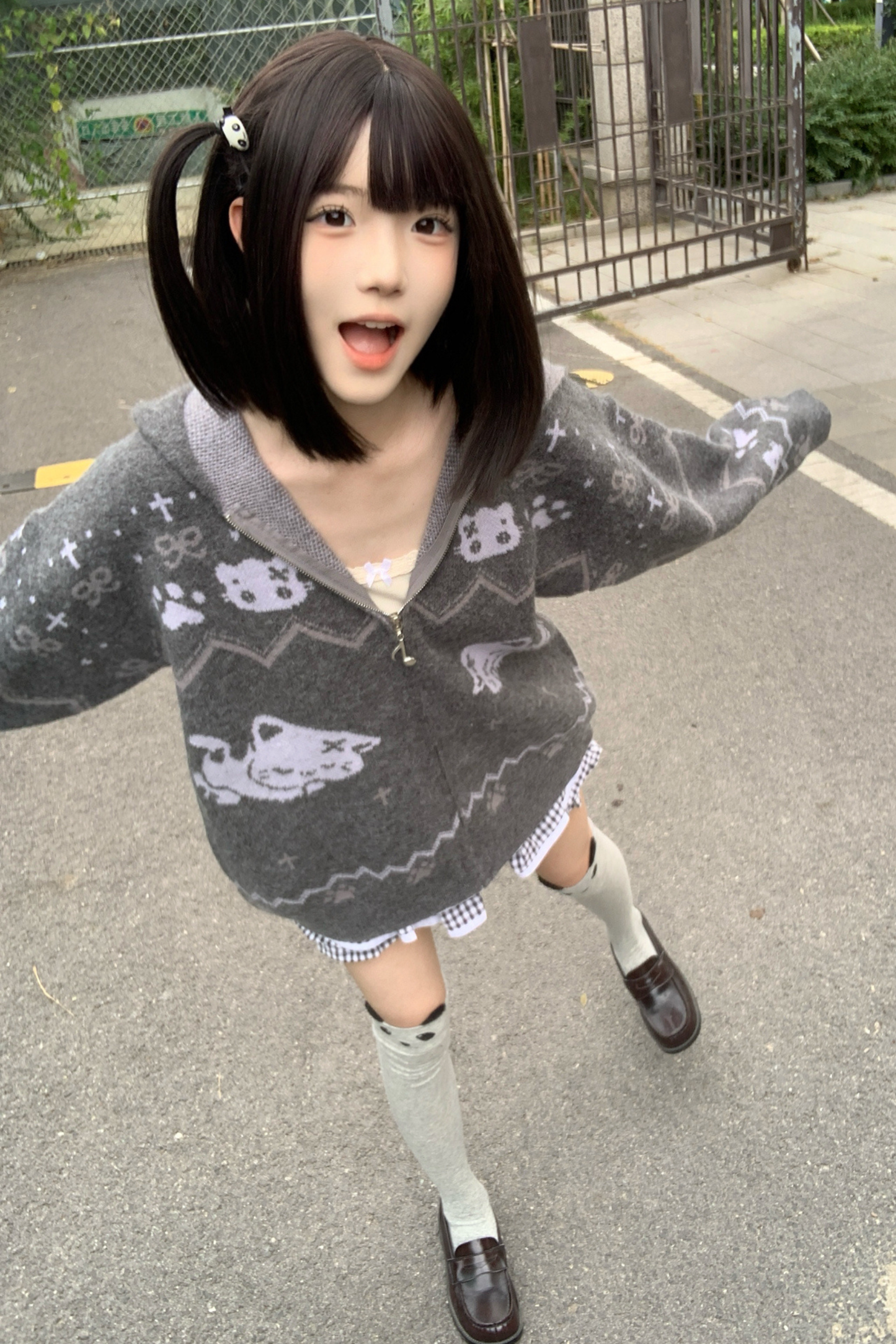 キャットデザインフード ニットカーディガン