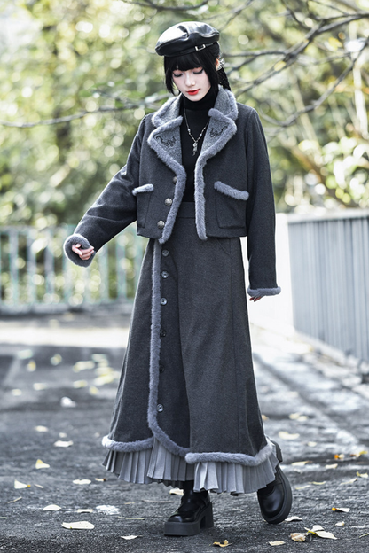 Retro mode fur short jacket + skirt