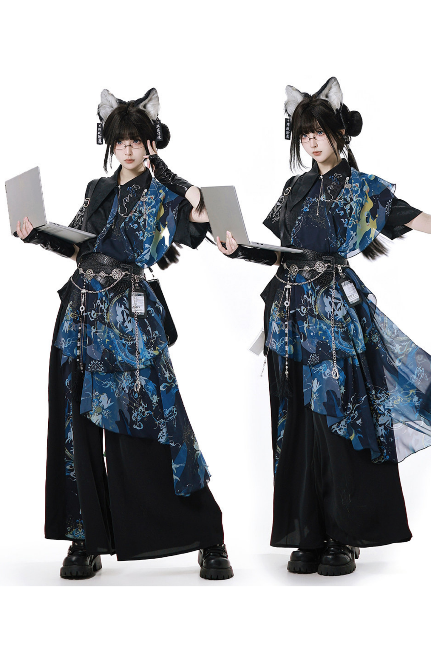 ダークチャイナシャツ+ワイドレッグパンツ+チェーン+ベルト