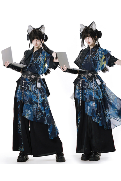 ダークチャイナシャツ+ワイドレッグパンツ+チェーン+ベルト