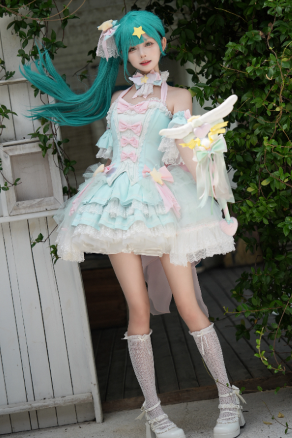 魔法妖精スパークリングウォーターロリータトップス+スカート+ヘアクリップ+テール+魔法ステッチ