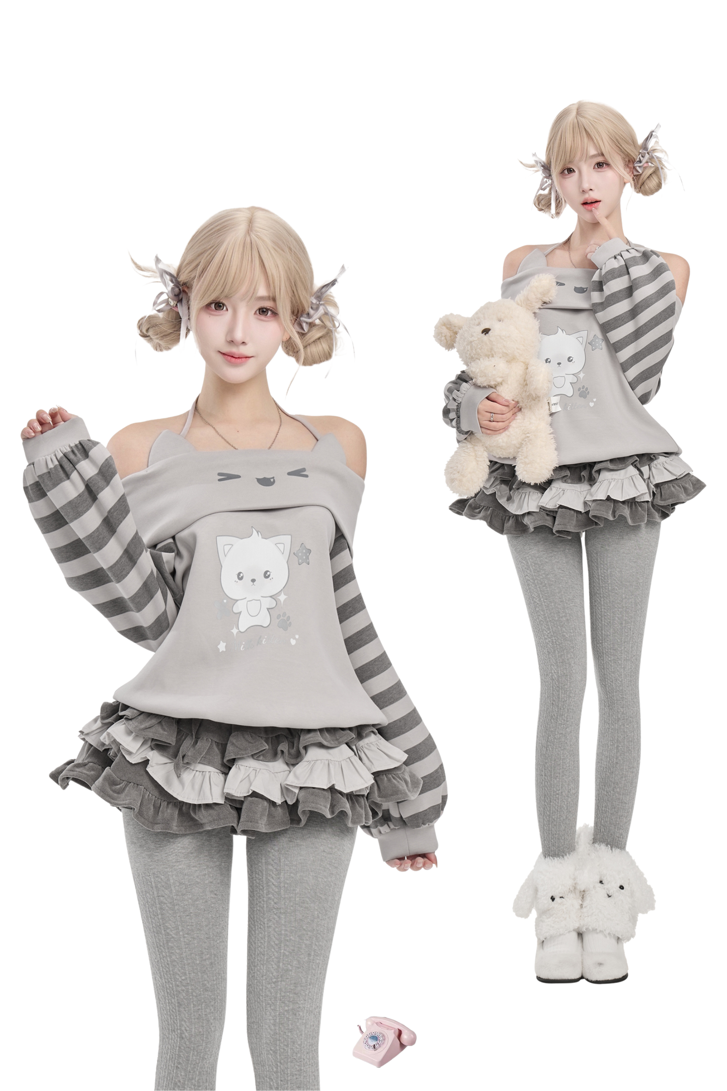 ストライプワンラインショルダーホルターネックトップス+スカート