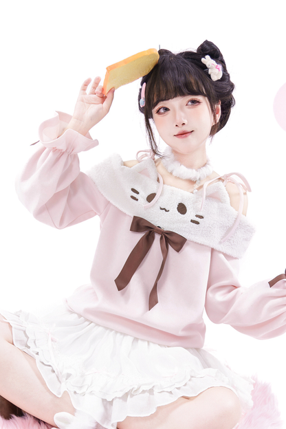 キャットオフショルダートップス+ケーキスカート