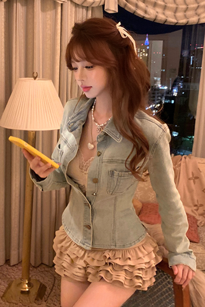 Vintage ribbon waist tie denim jacket