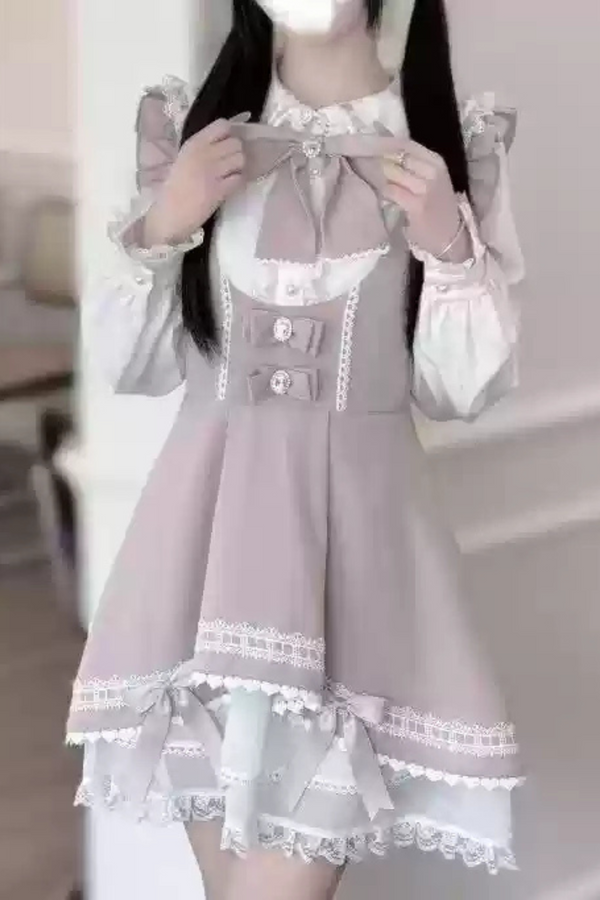 Rabbit Sweet Shirt + Ribbon Suspender Skirt