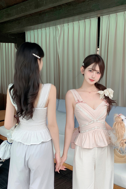 スイートショルダーリボンノースリーブトップス＋レースワイドパンツ