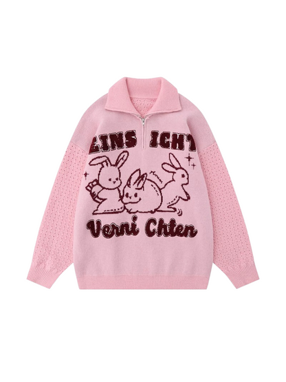 American Retro Rabbit Jacquard Lapel Sweater Knit