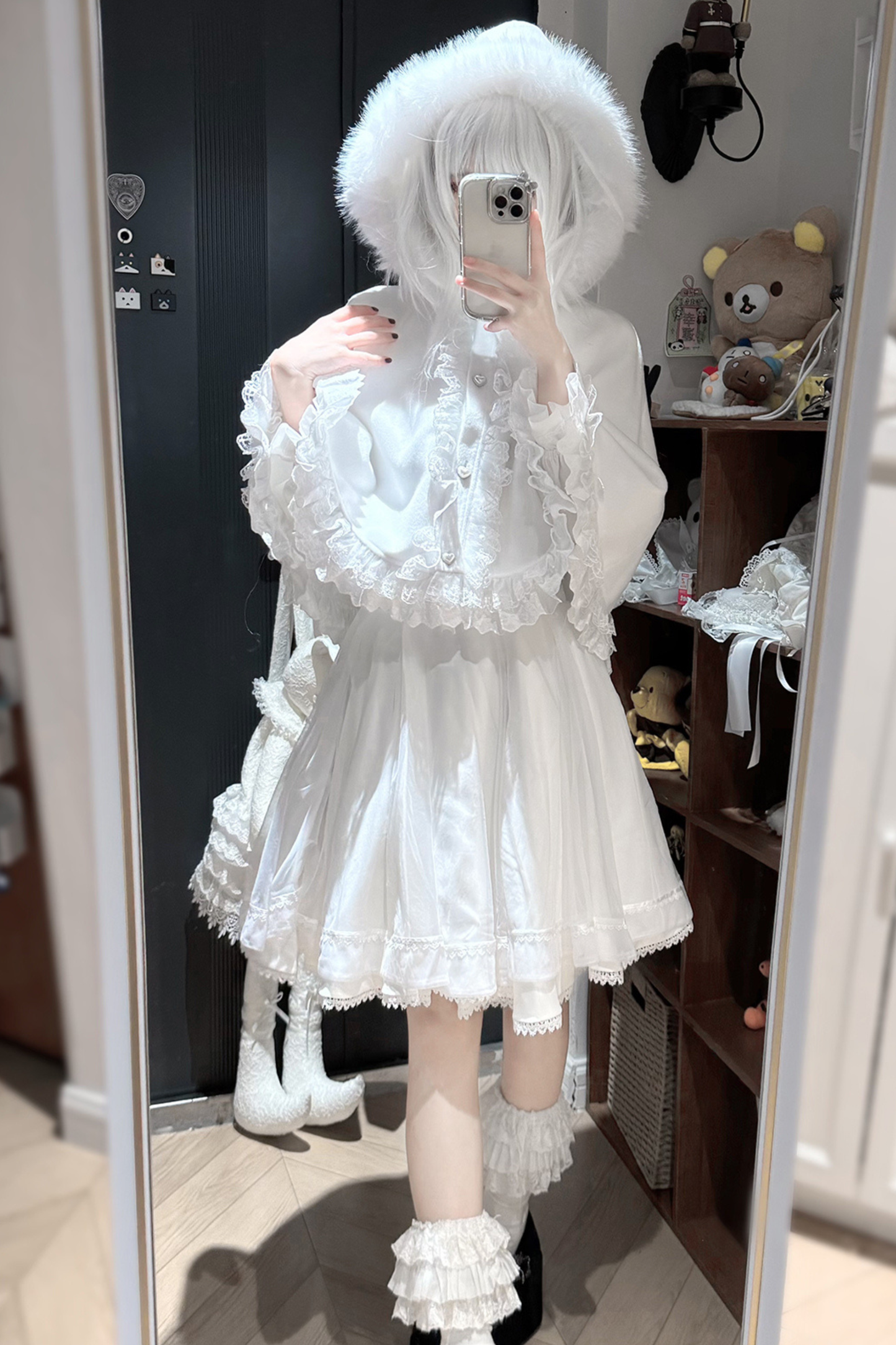 ファーフードマント+トップス+スカート