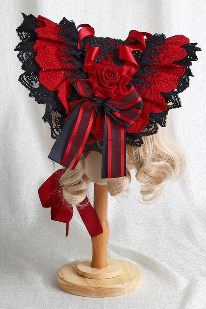 Dark Frilled Lolita Hairband + Flat Hat + Hat Clip + Ribbon Clip + Sleeve