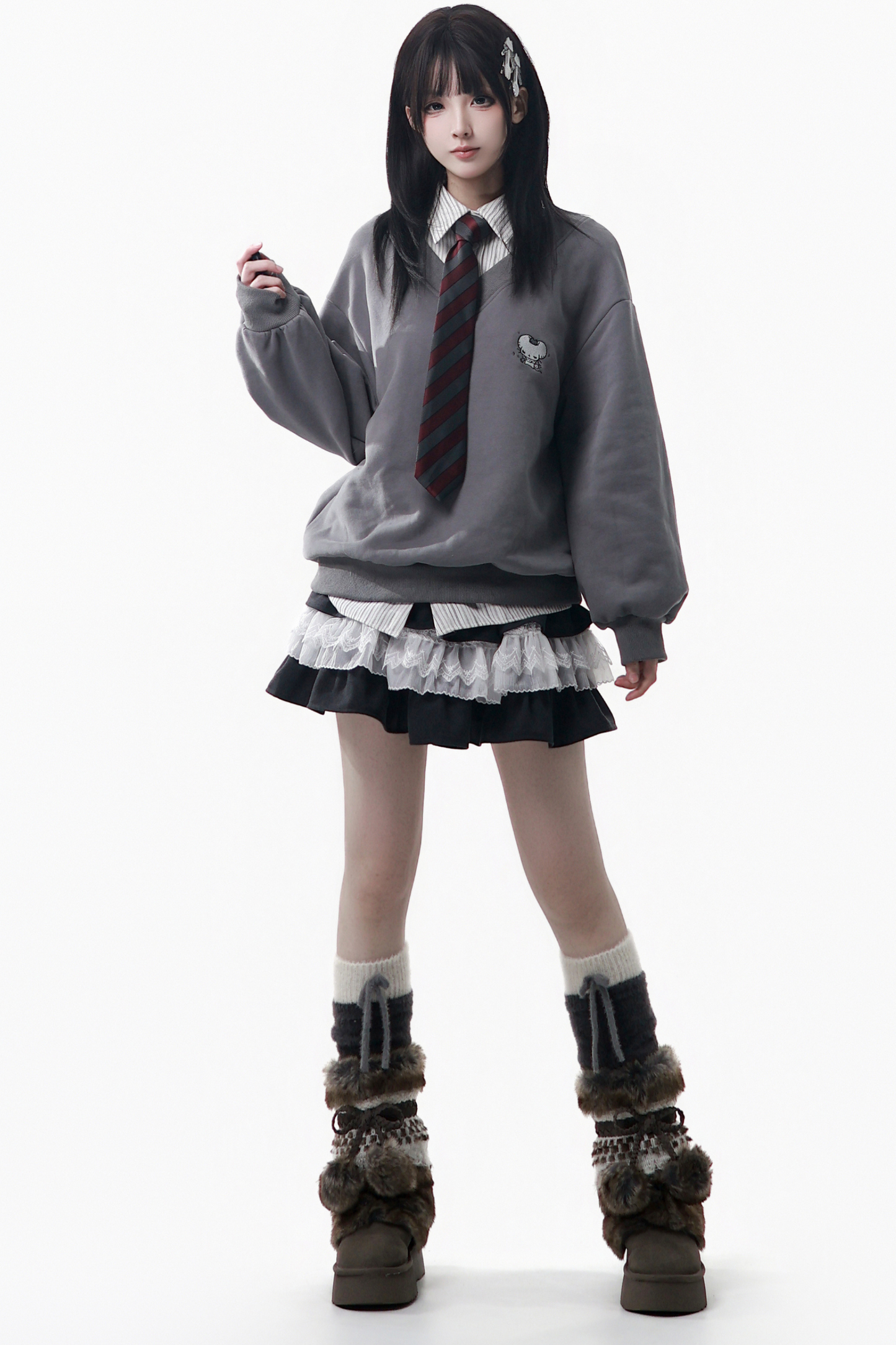 ビッグファーカラージャケット+トップス+スカート+パンツ+チェックフードジャケット