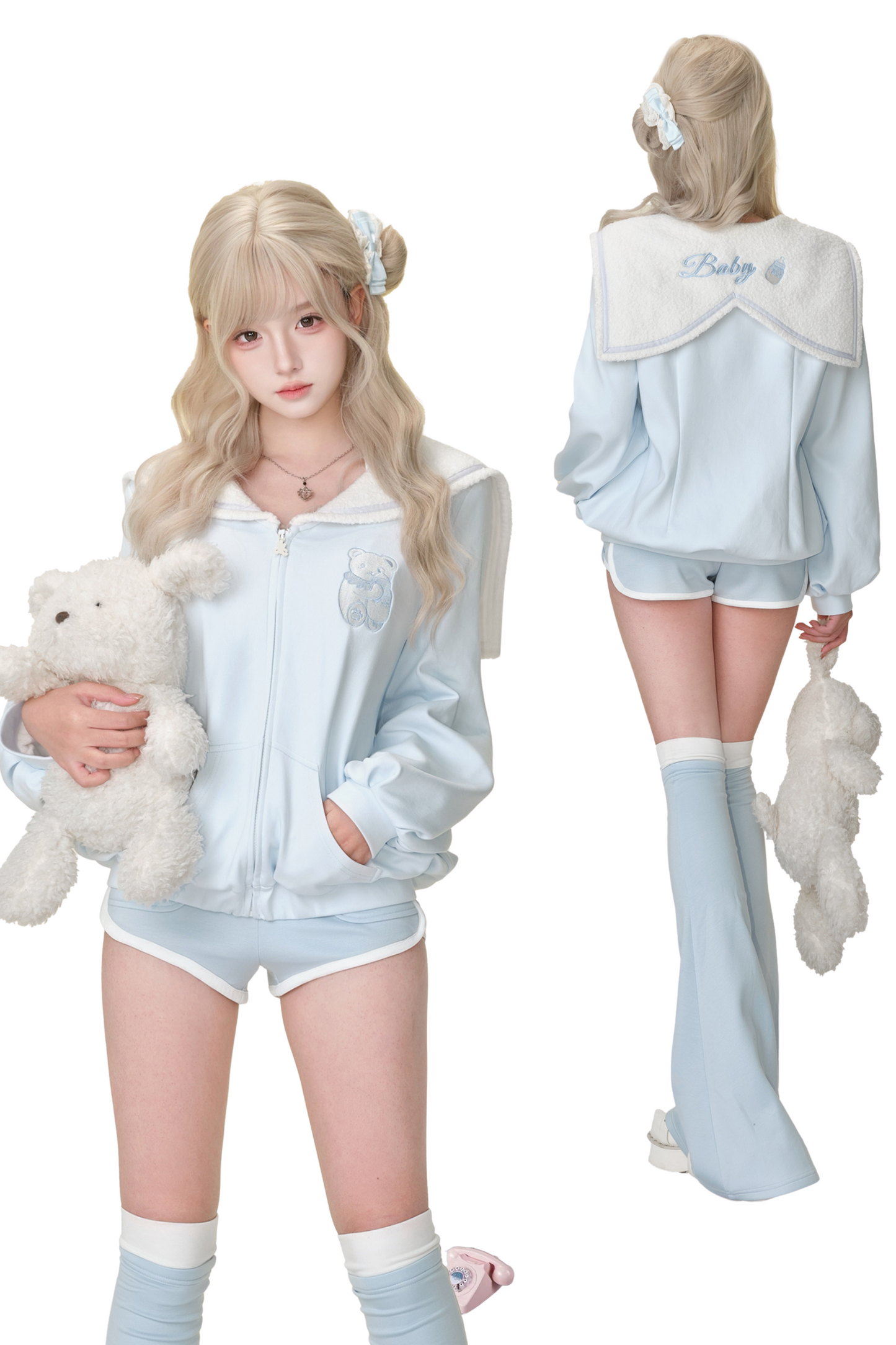 ミルクブルースポーティーパーカー+ホルターネックサスペンダー + スポーツショーツ