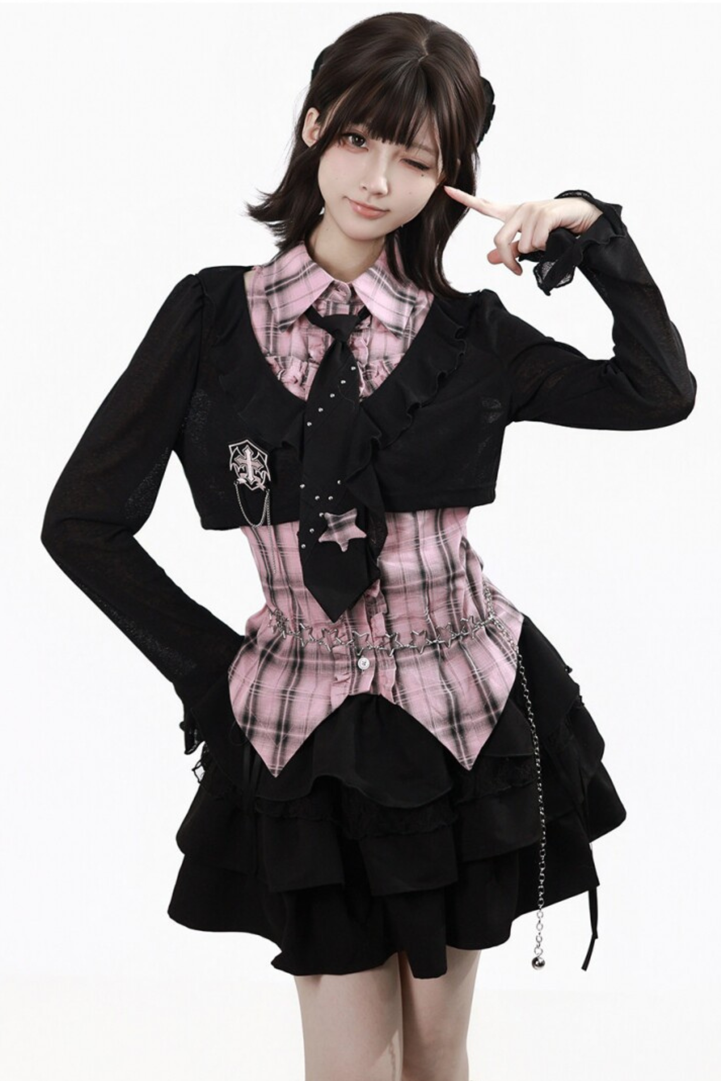 Plaid Sleeveless Shirt + Top + Tiered Skirt