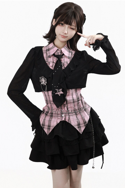 Plaid Sleeveless Shirt + Top + Tiered Skirt