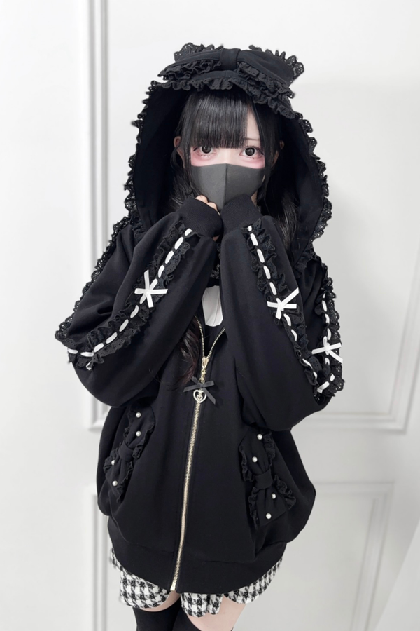 ネクラリボンフリルフードパーカー