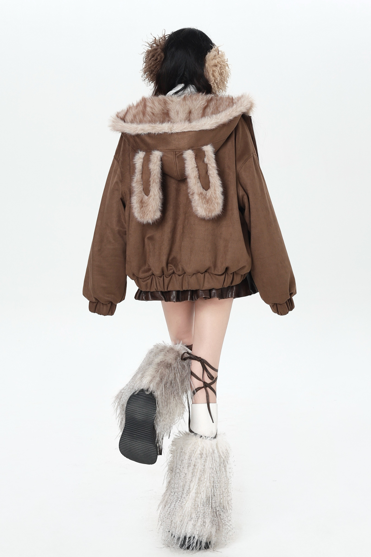 Rabbit Fur Hooded Suede Jacket