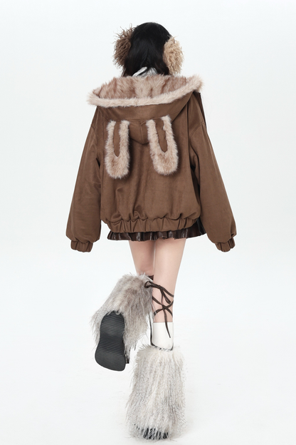 Rabbit Fur Hooded Suede Jacket