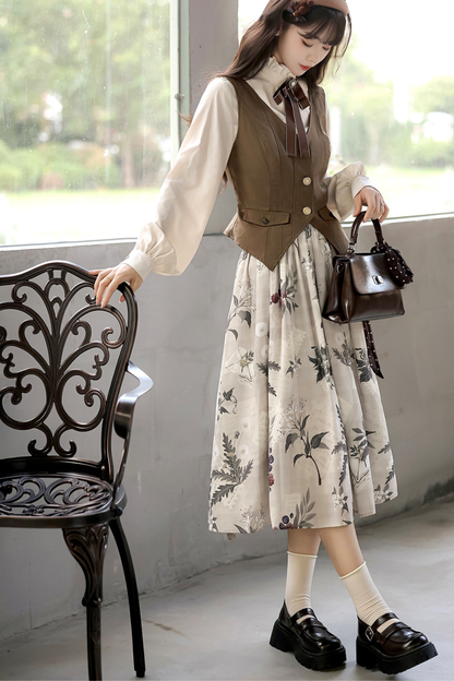 レトロロングコート+スカート+シャツ+ベスト